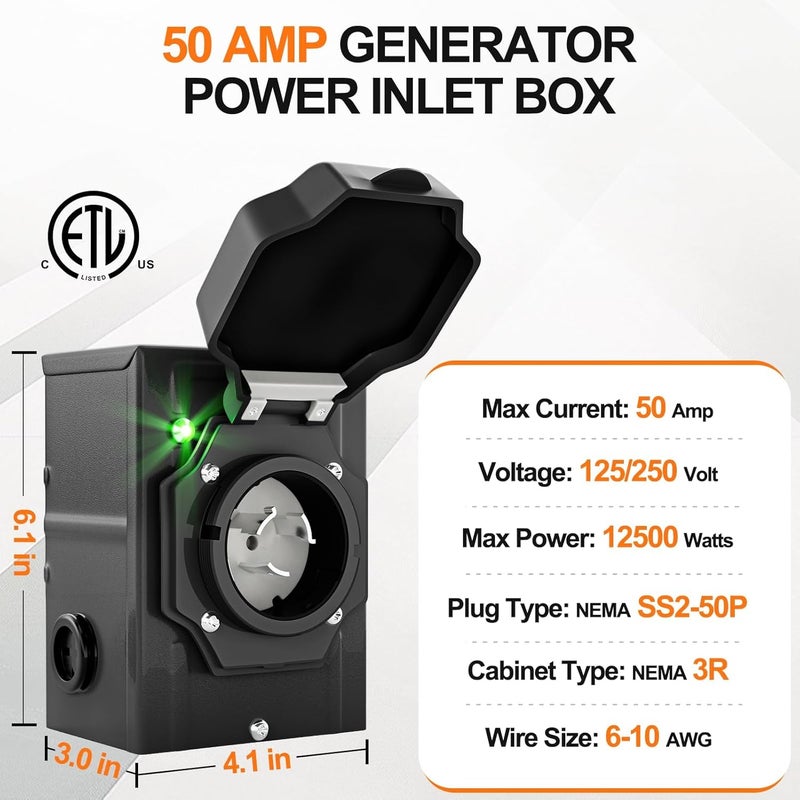 UEAKPIC 50 Amp Generator Inlet Box with Green Safety Light, NEMA SS2-50P Weatherproof Inlet Box for 3 Prong Generator Cord, ETL Listed 125/250 Volt, 12500 Watts Power for RV, Outdoor - Image 2